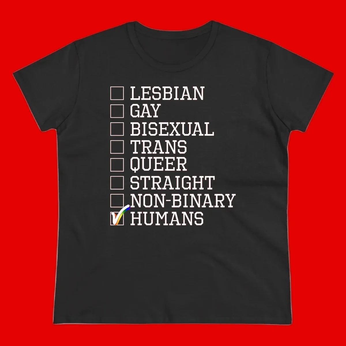 LGBTQ humans checklist design with empty checkboxes next to identity labels and a checked box with rainbow flag next to humans
