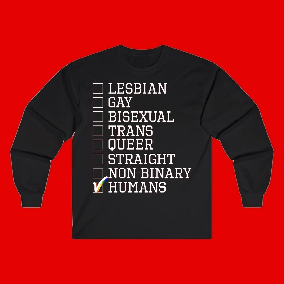 LGBTQ humans checklist design with empty checkboxes next to identity labels and a checked box with rainbow flag next to humans
