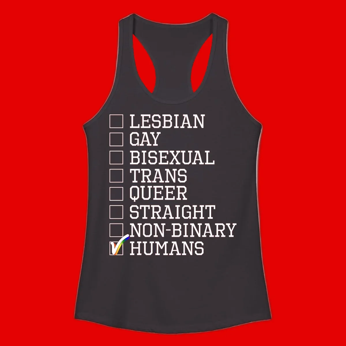 LGBTQ humans checklist design with empty checkboxes next to identity labels and a checked box with rainbow flag next to humans