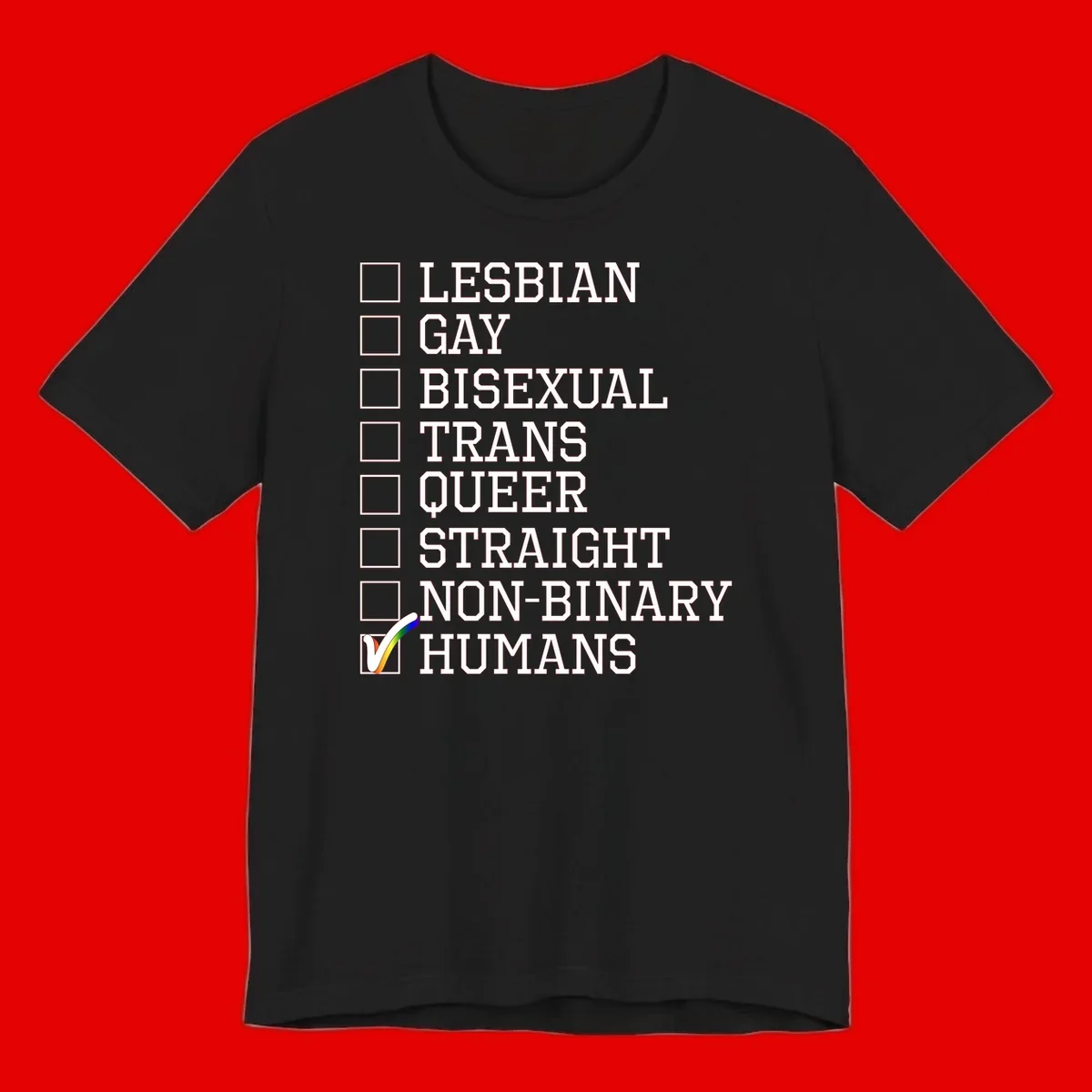 LGBTQ humans checklist design with empty checkboxes next to identity labels and a checked box with rainbow flag next to humans