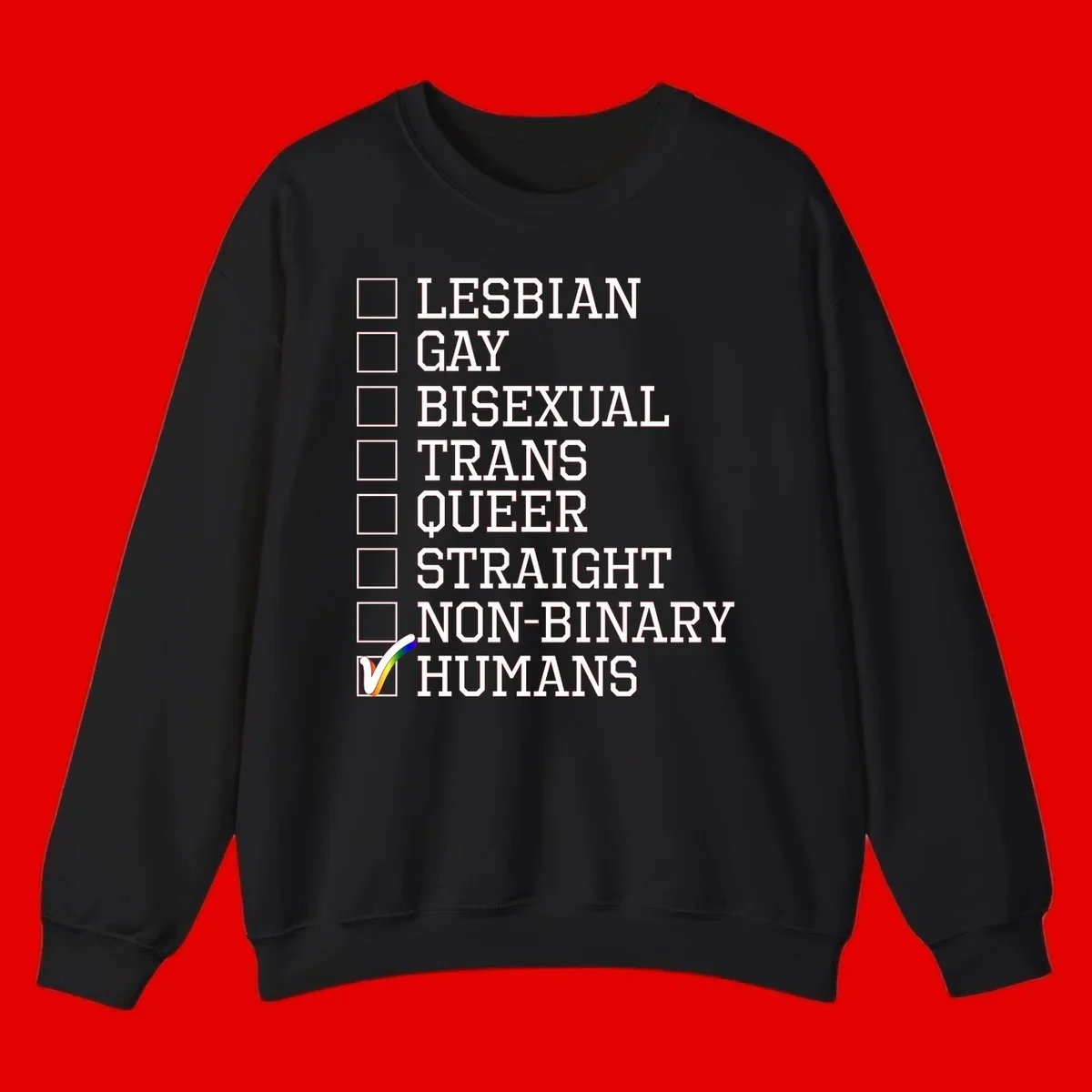 LGBTQ humans checklist design with empty checkboxes next to identity labels and a checked box with rainbow flag next to humans