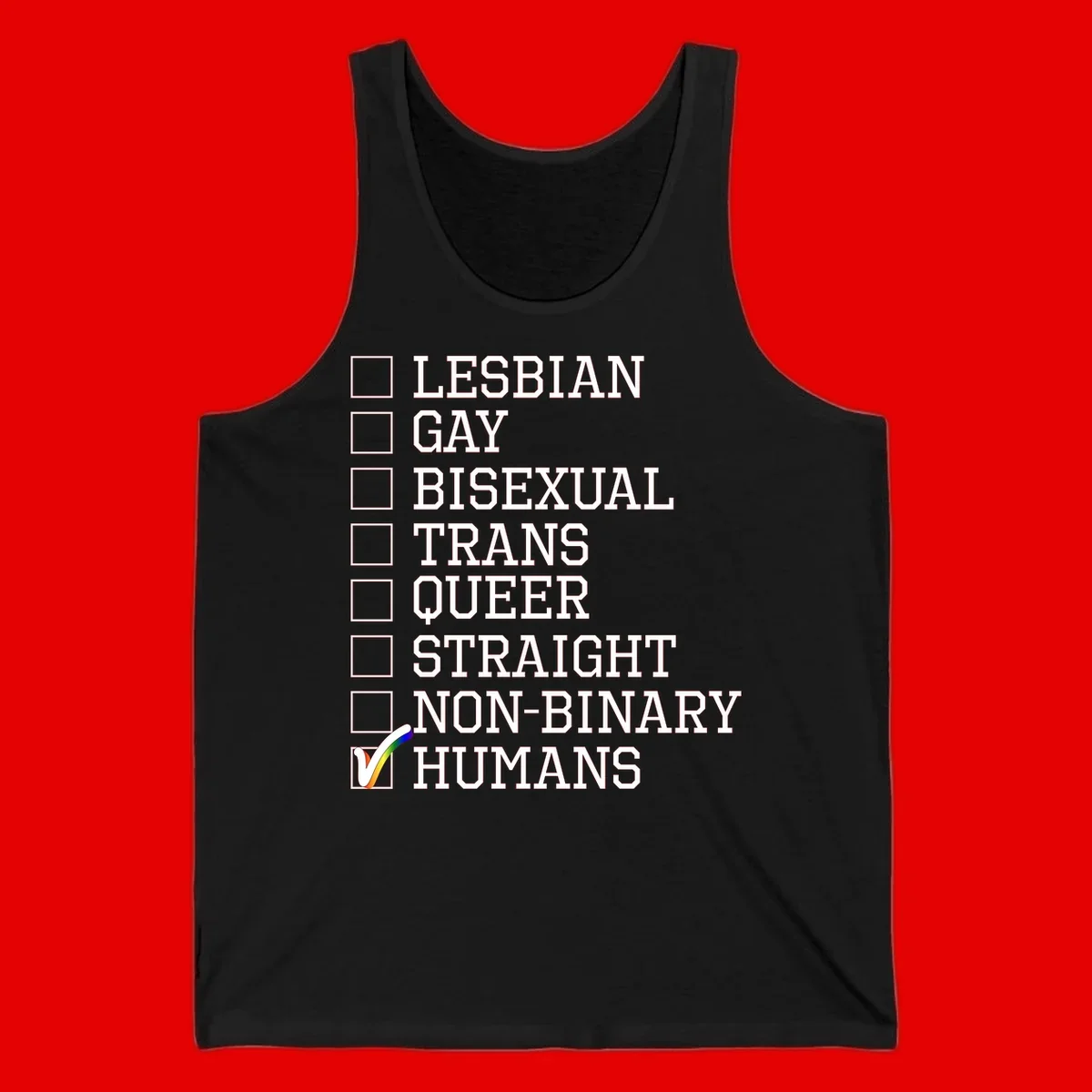 LGBTQ humans checklist design with empty checkboxes next to identity labels and a checked box with rainbow flag next to humans