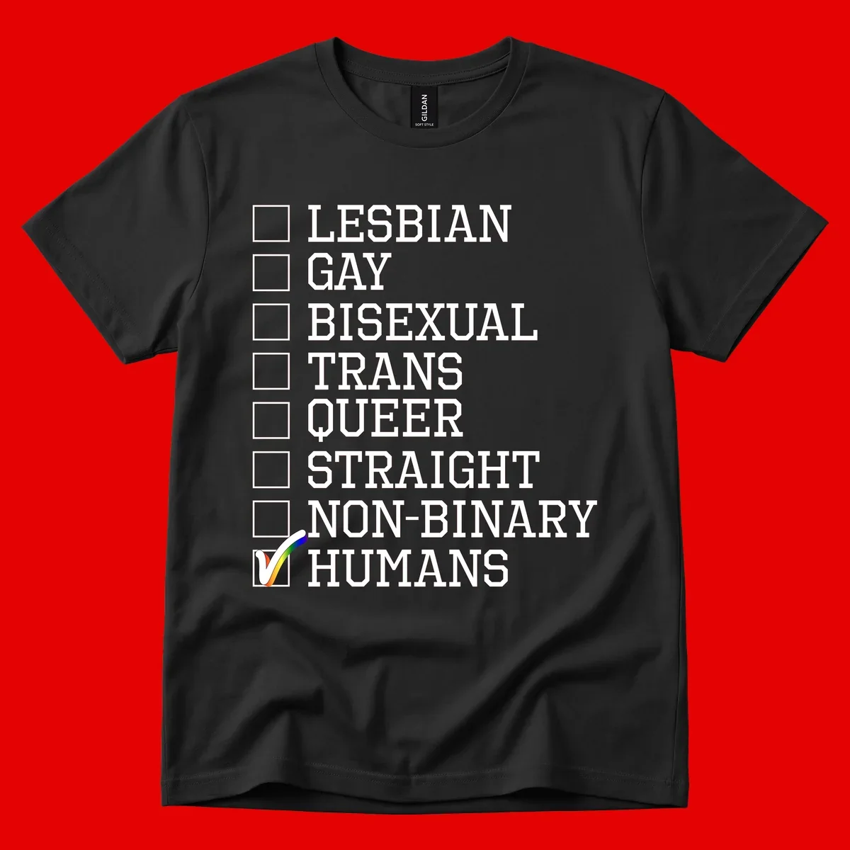 LGBTQ humans checklist design with empty checkboxes next to identity labels and a checked box with rainbow flag next to humans