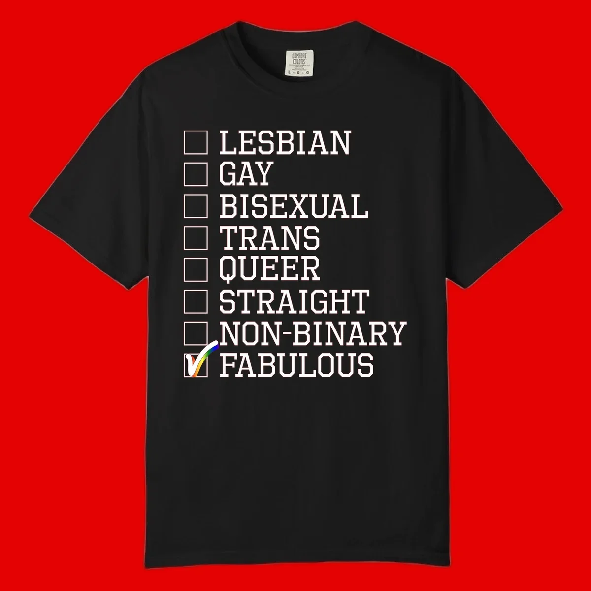 Pride identity checklist design with boxes for lesbian, gay, bisexual, trans, queer, straight, non-binary, with fabulous checked off in rainbow colors