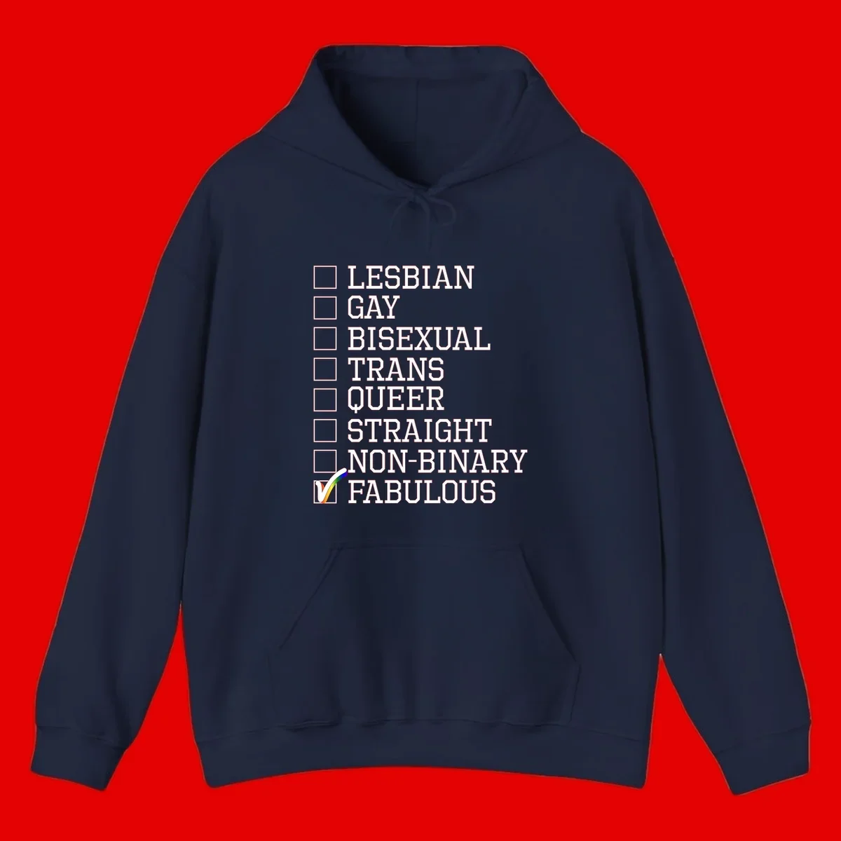 Pride identity checklist design with boxes for lesbian, gay, bisexual, trans, queer, straight, non-binary, with fabulous checked off in rainbow colors