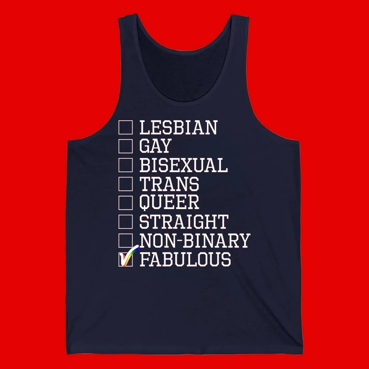 Pride identity checklist design with boxes for lesbian, gay, bisexual, trans, queer, straight, non-binary, with fabulous checked off in rainbow colors