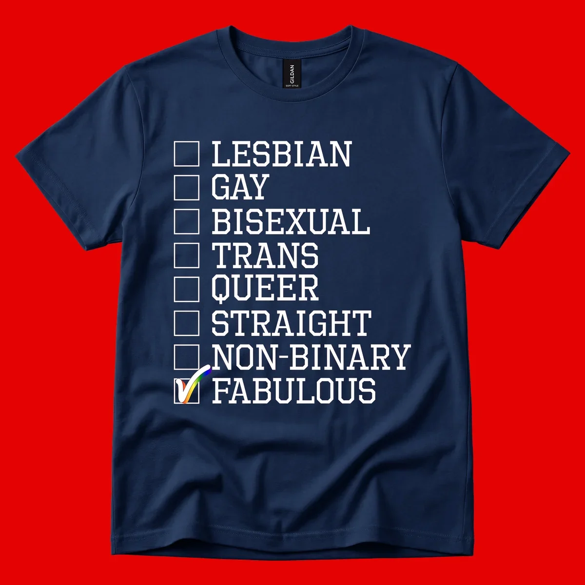 Pride identity checklist design with boxes for lesbian, gay, bisexual, trans, queer, straight, non-binary, with fabulous checked off in rainbow colors