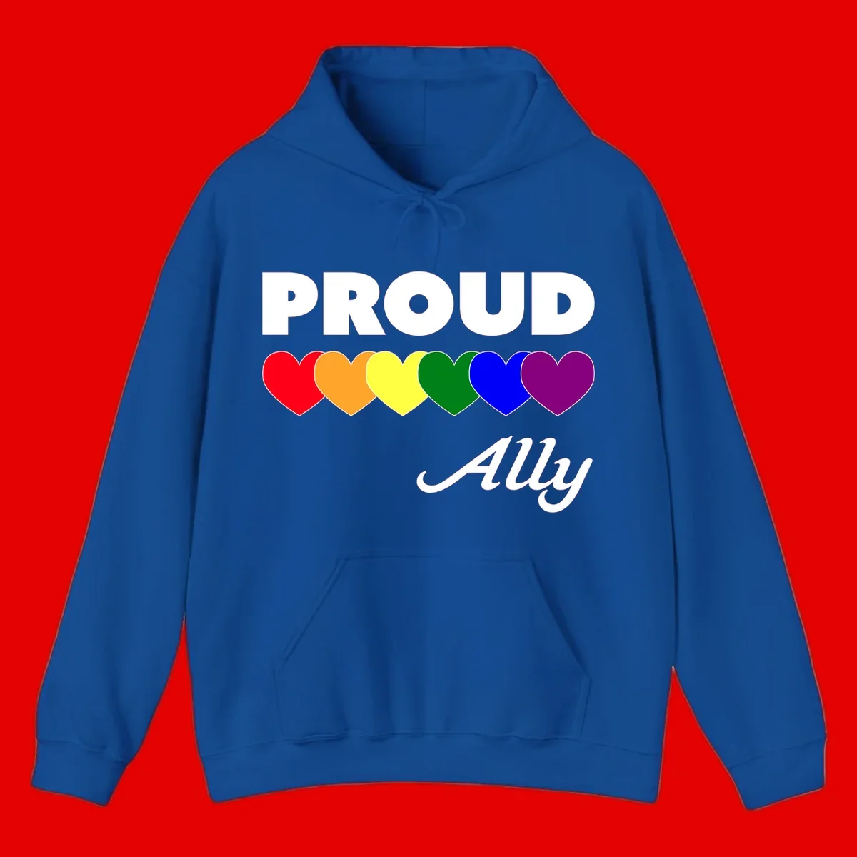 Proud Ally design with rainbow hearts in red, orange, yellow, green, blue, and purple on gray background