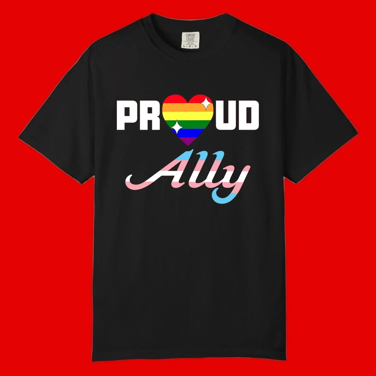 Proud ally pride design with rainbow heart and trans flag script text on gray background