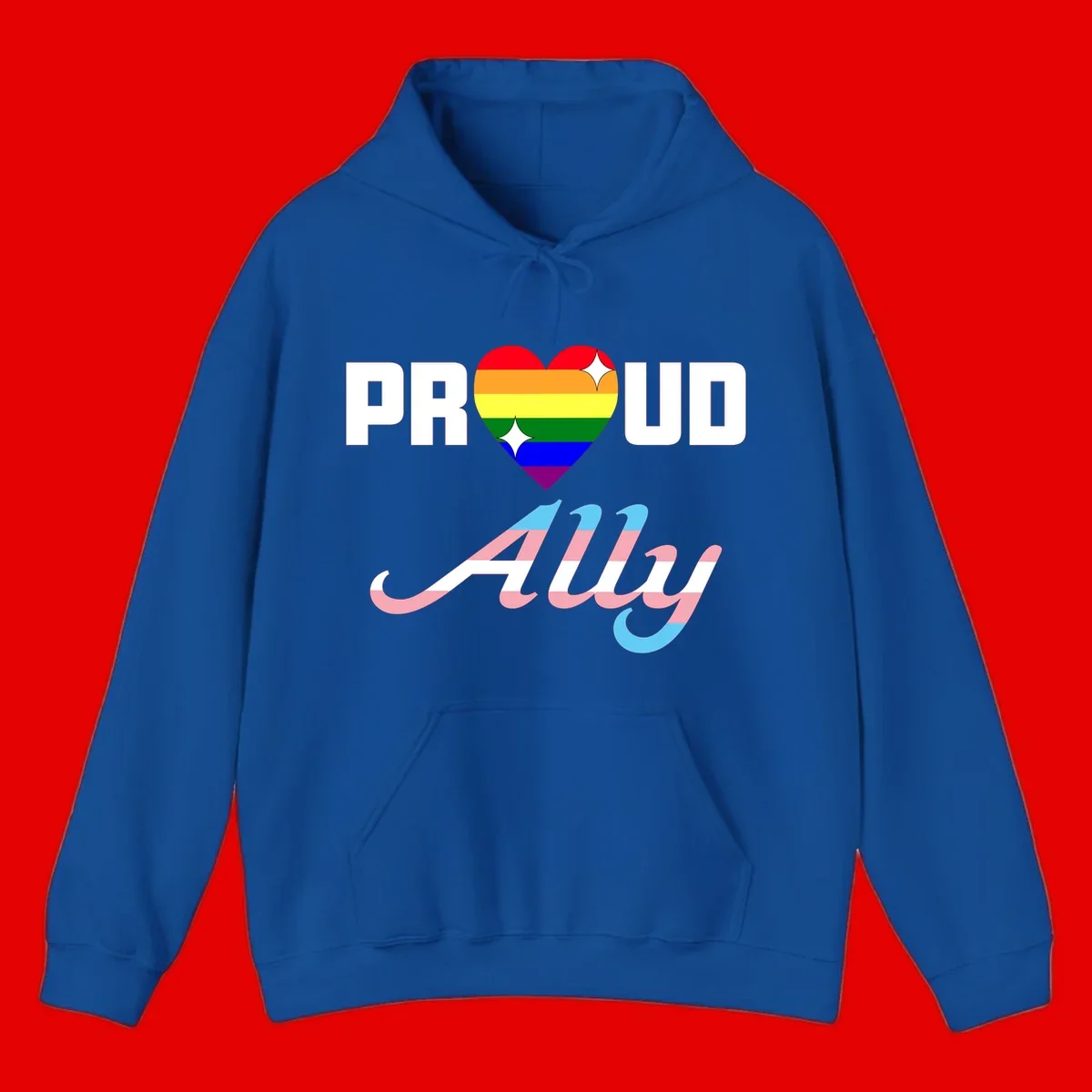 Proud ally pride design with rainbow heart and trans flag script text on gray background