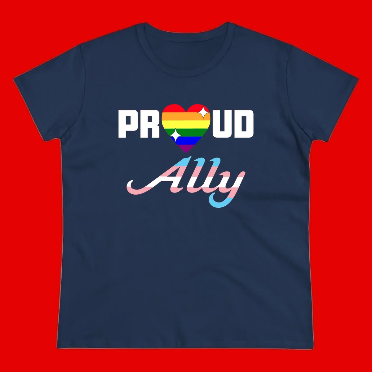 Proud ally pride design with rainbow heart and trans flag script text on gray background