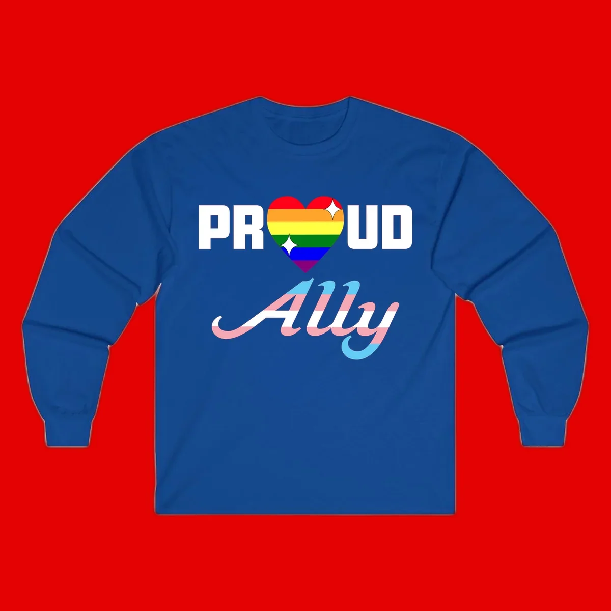 Proud ally pride design with rainbow heart and trans flag script text on gray background