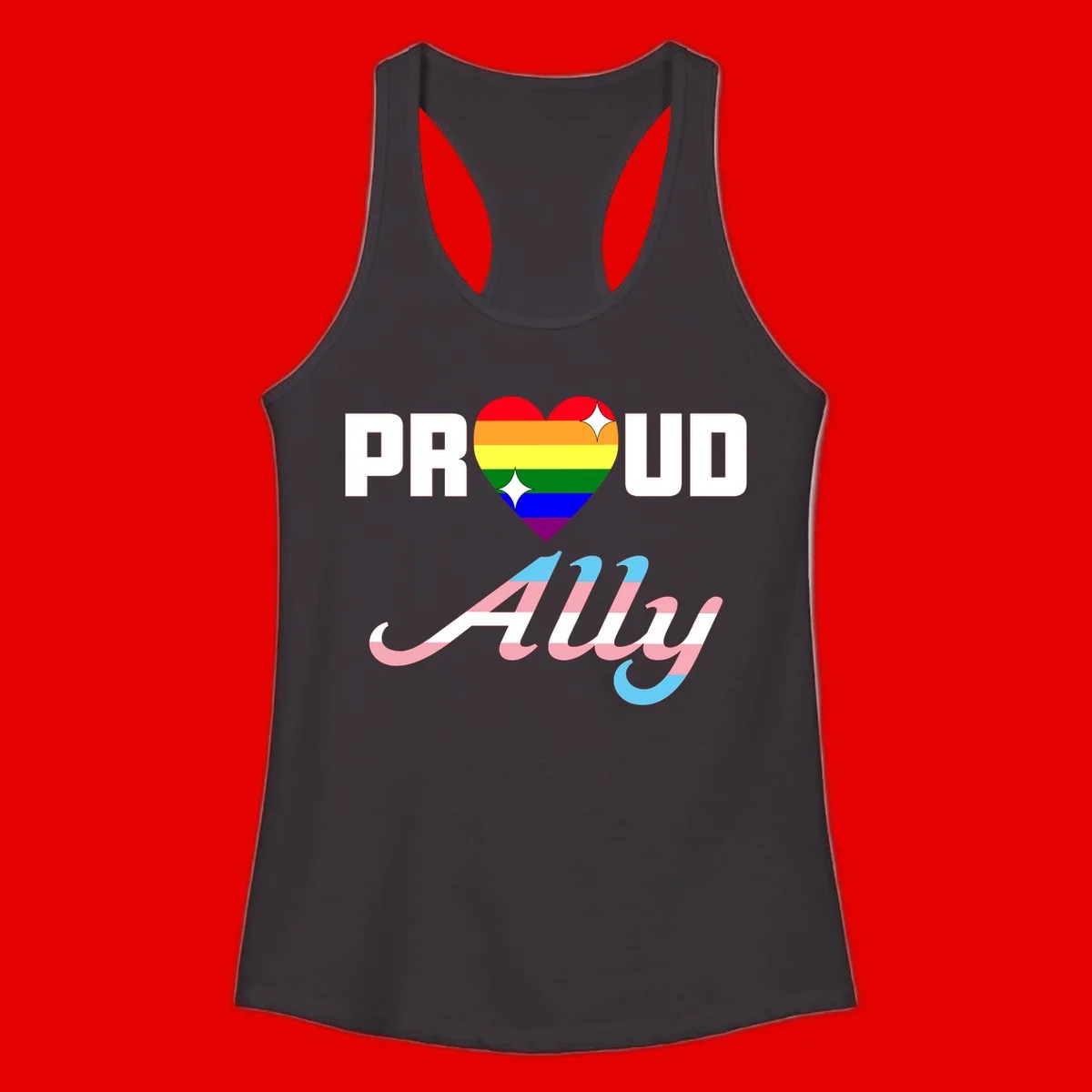 Proud ally pride design with rainbow heart and trans flag script text on gray background