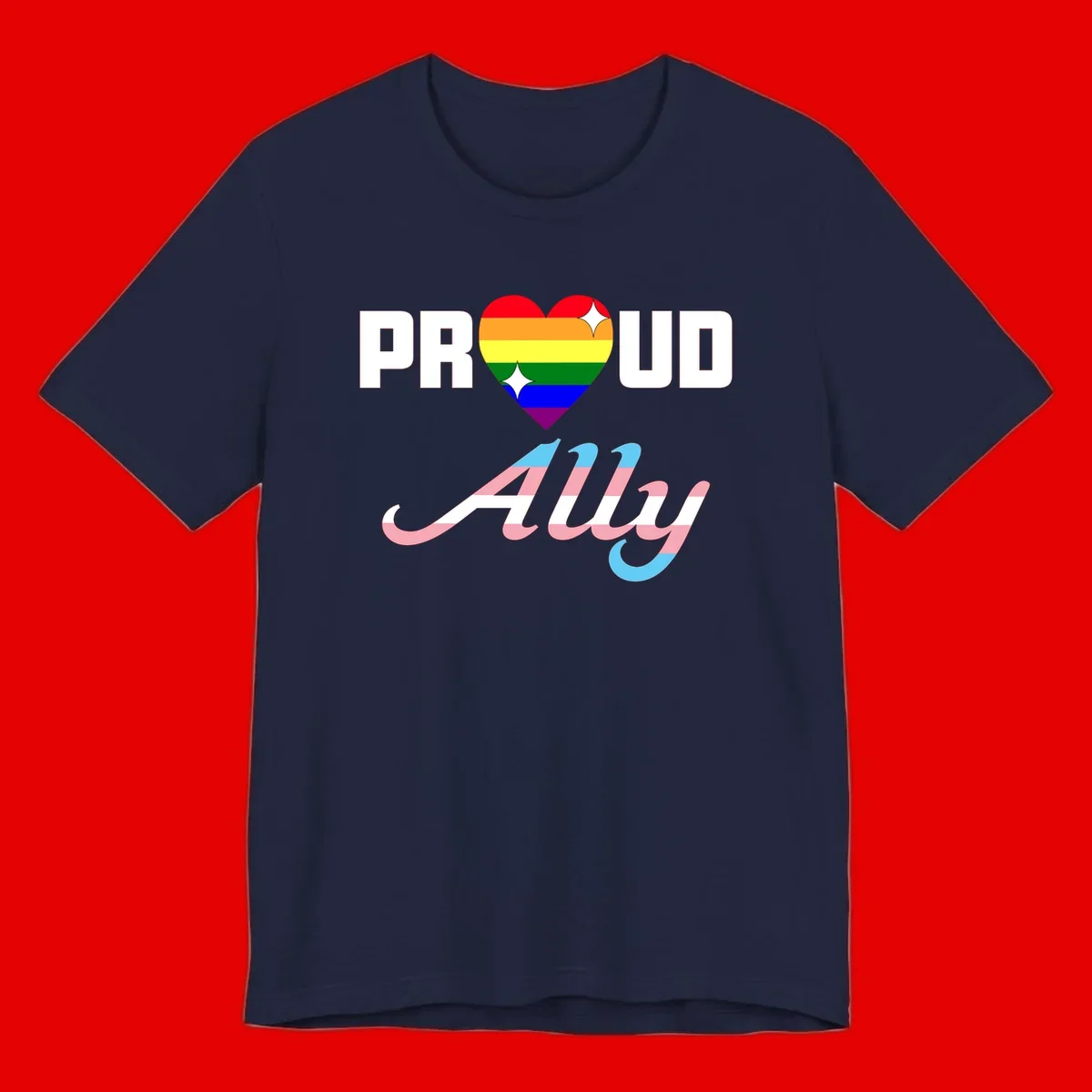 Proud ally pride design with rainbow heart and trans flag script text on gray background