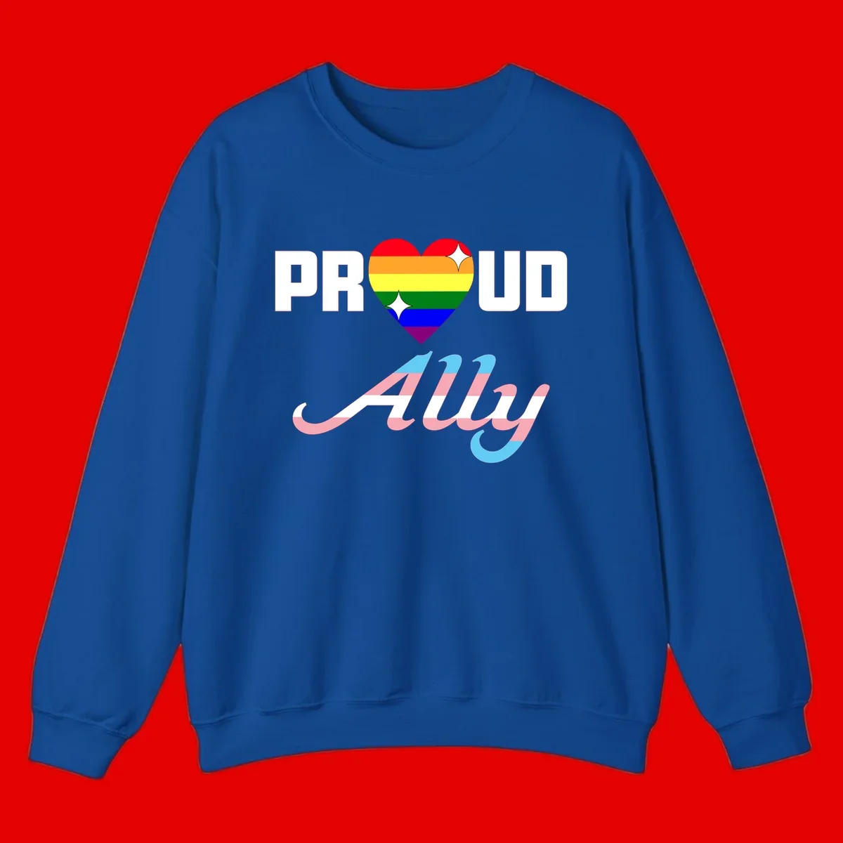 Proud ally pride design with rainbow heart and trans flag script text on gray background