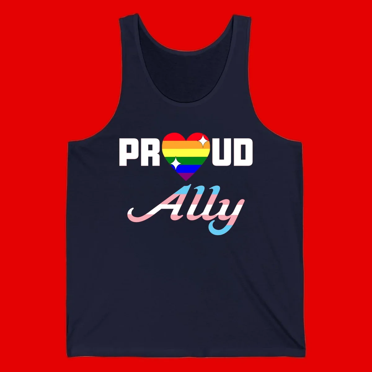 Proud ally pride design with rainbow heart and trans flag script text on gray background