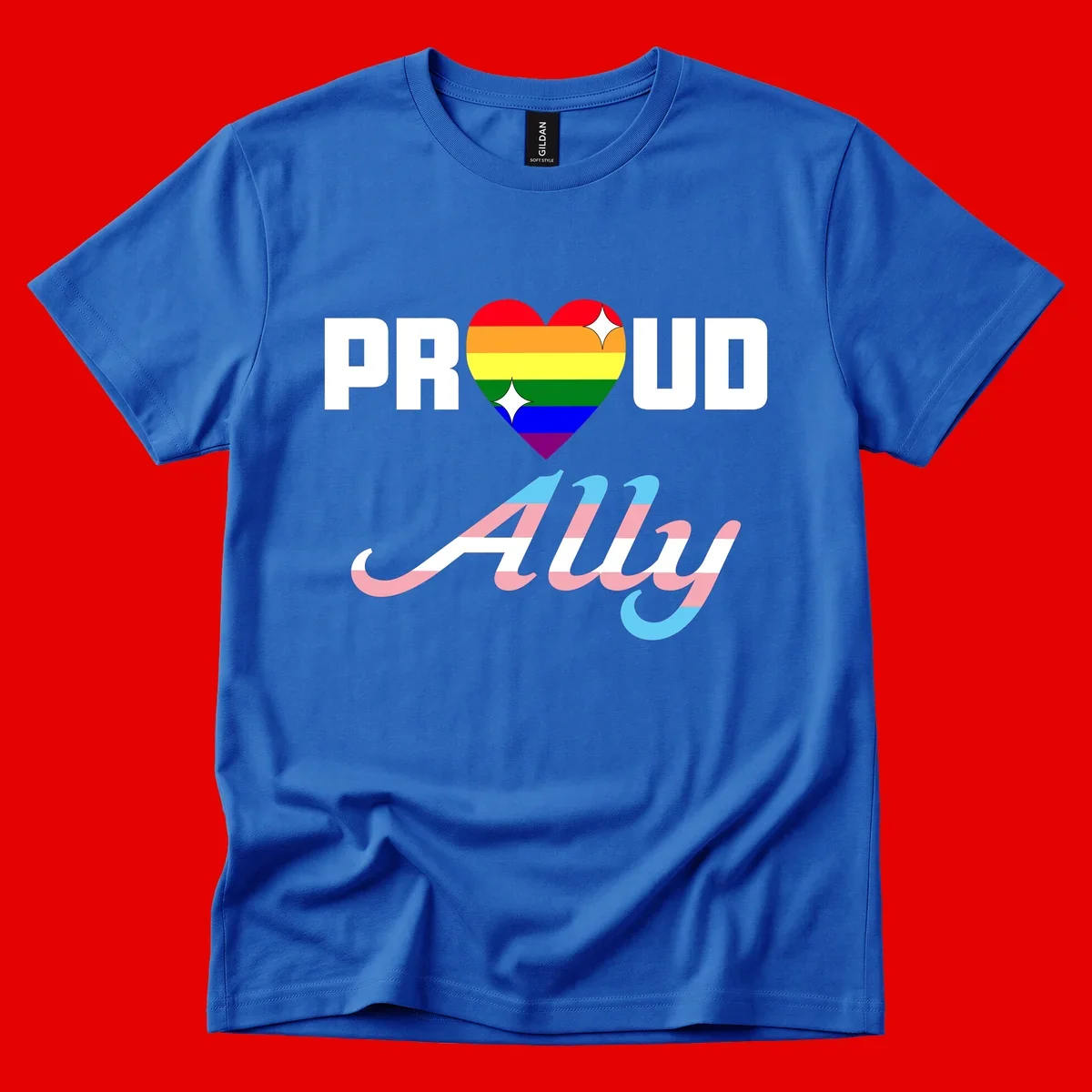 Proud ally pride design with rainbow heart and trans flag script text on gray background
