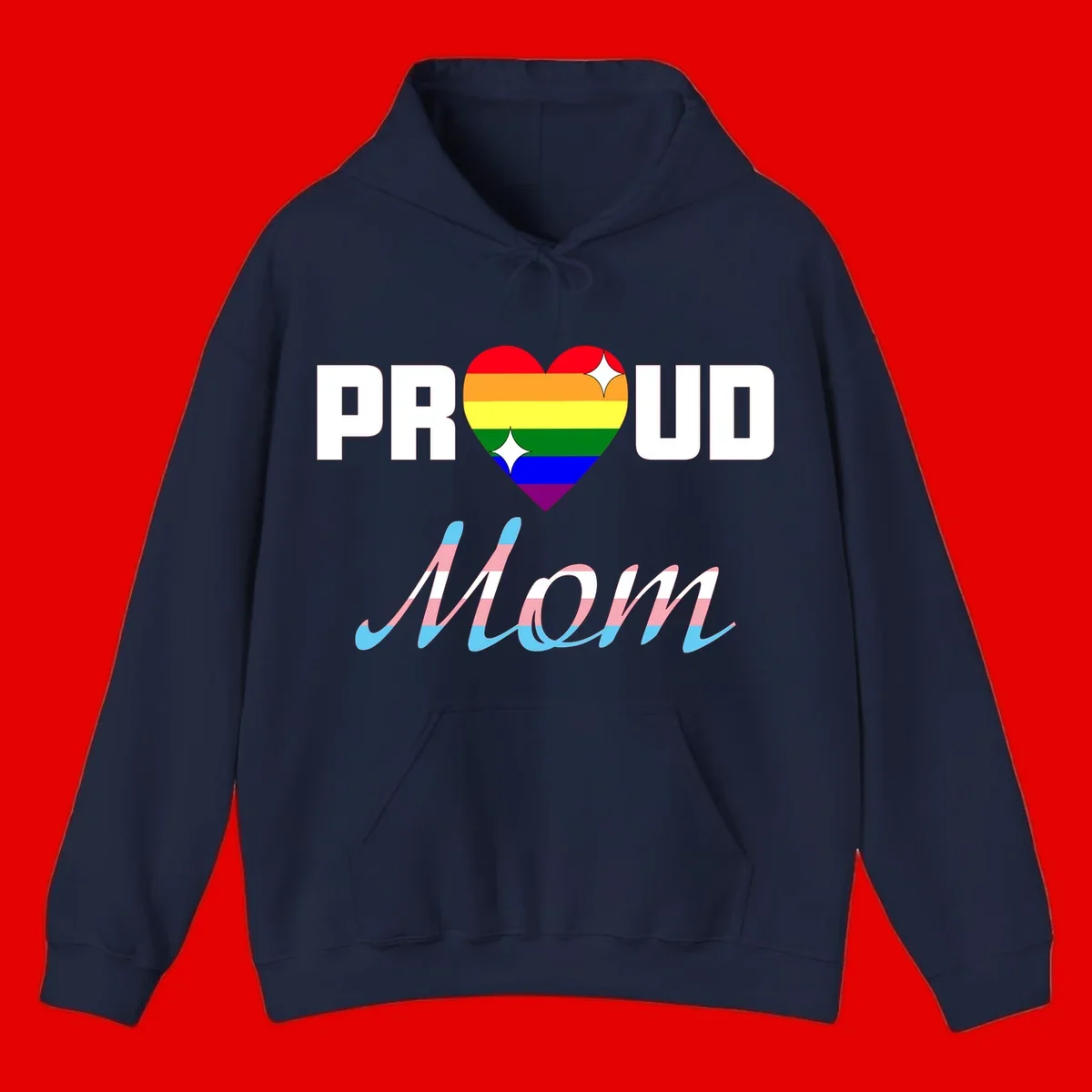 Proud all in pride design with rainbow heart and trans flag striped script text on gray background