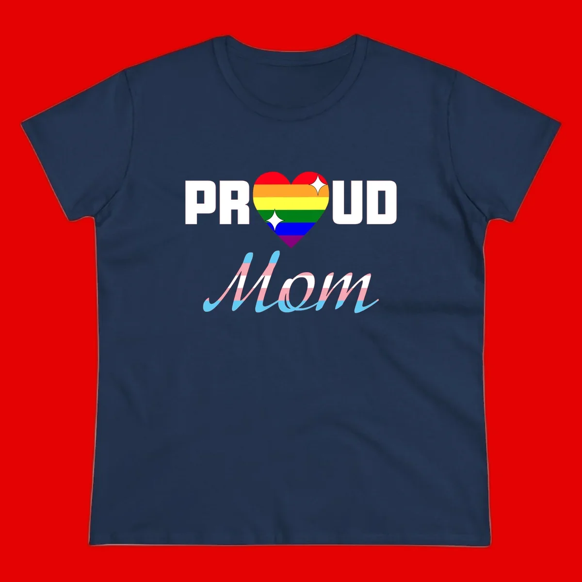 Proud all in pride design with rainbow heart and trans flag striped script text on gray background