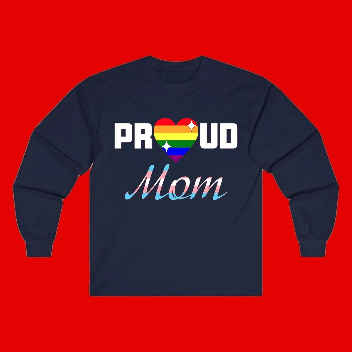 Proud all in pride design with rainbow heart and trans flag striped script text on gray background
