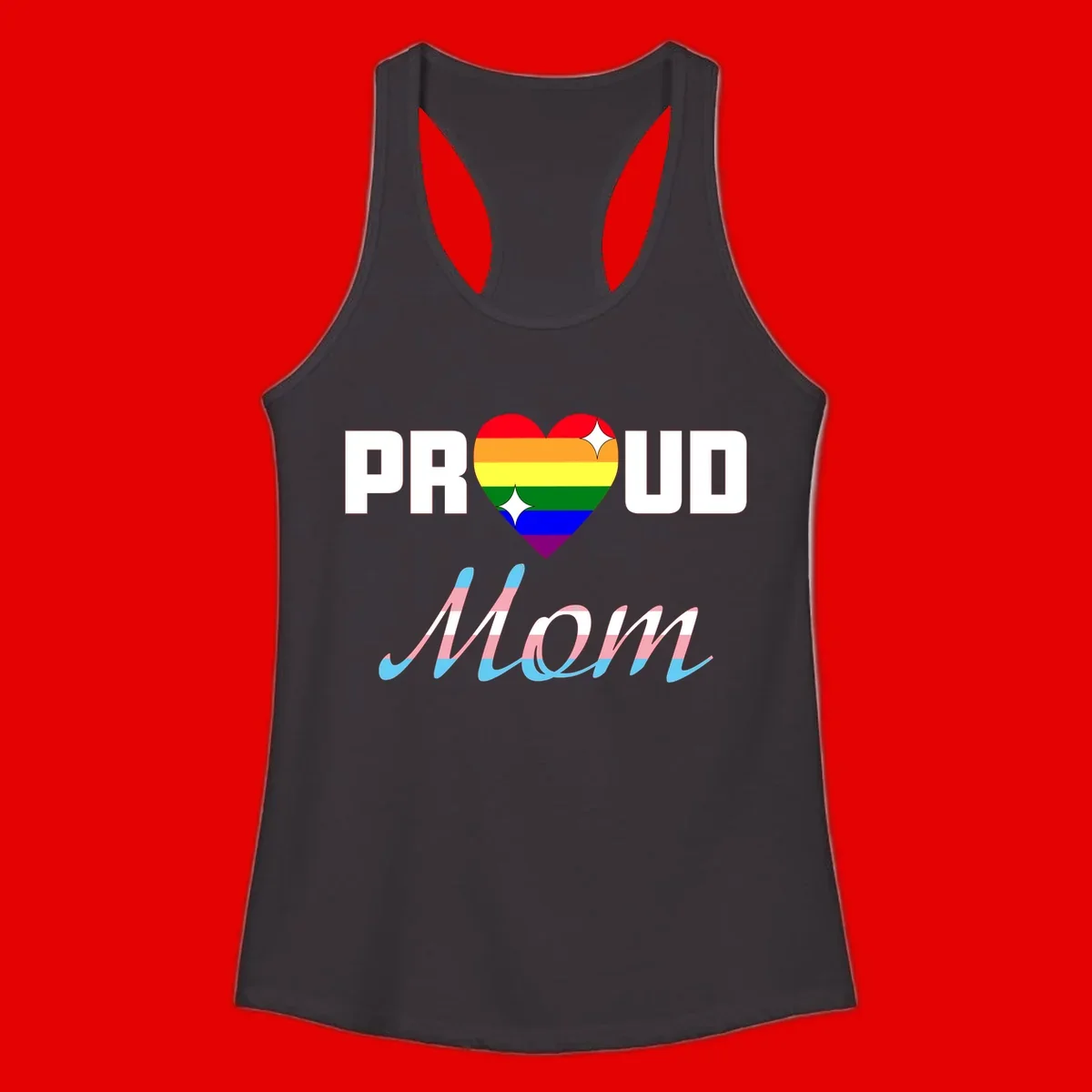 Proud all in pride design with rainbow heart and trans flag striped script text on gray background