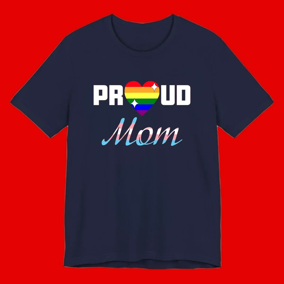 Proud all in pride design with rainbow heart and trans flag striped script text on gray background