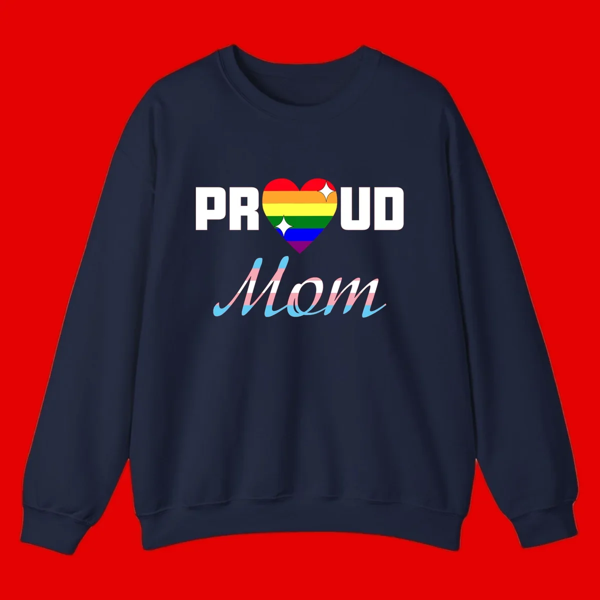 Proud all in pride design with rainbow heart and trans flag striped script text on gray background