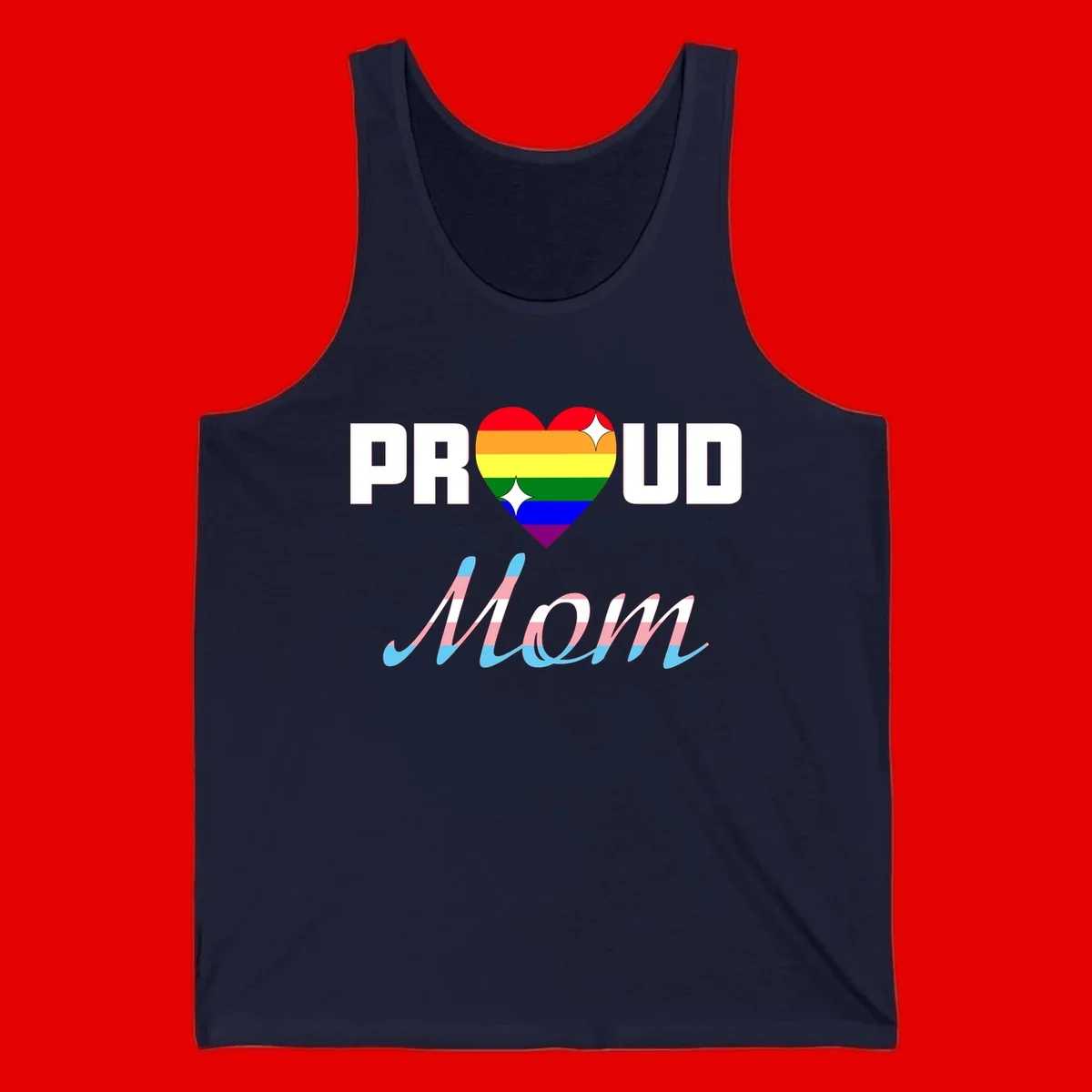 Proud all in pride design with rainbow heart and trans flag striped script text on gray background
