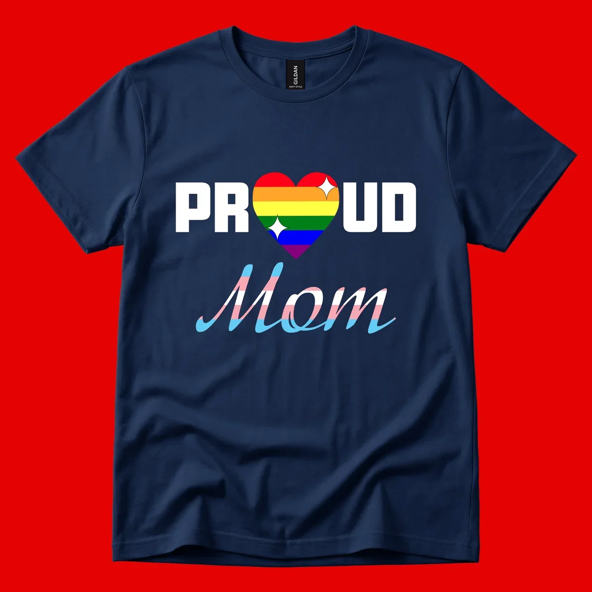 Proud all in pride design with rainbow heart and trans flag striped script text on gray background