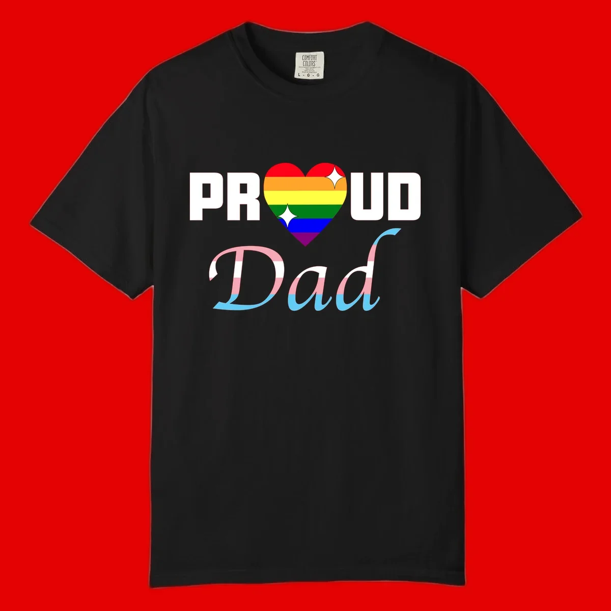Proud Dad Pride design with rainbow heart and trans flag striped lettering on gray background