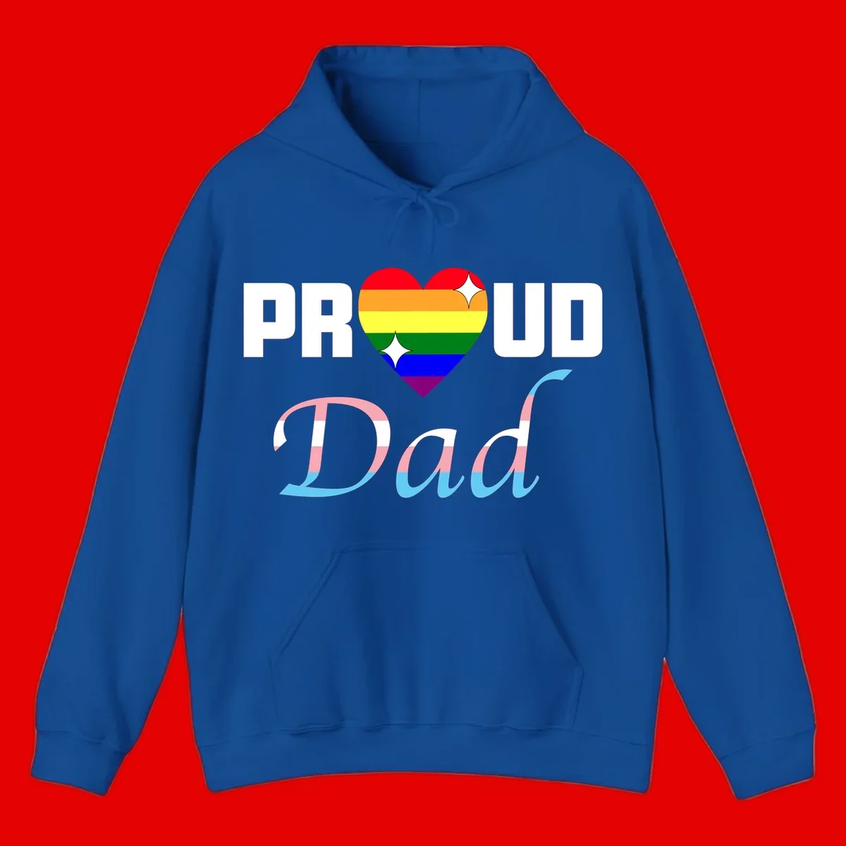 Proud Dad Pride design with rainbow heart and trans flag striped lettering on gray background
