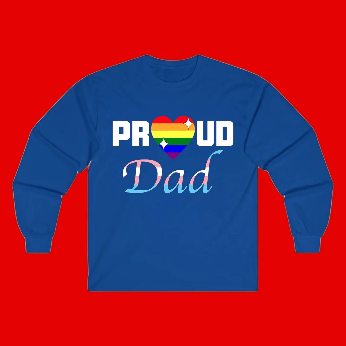 Proud Dad Pride design with rainbow heart and trans flag striped lettering on gray background