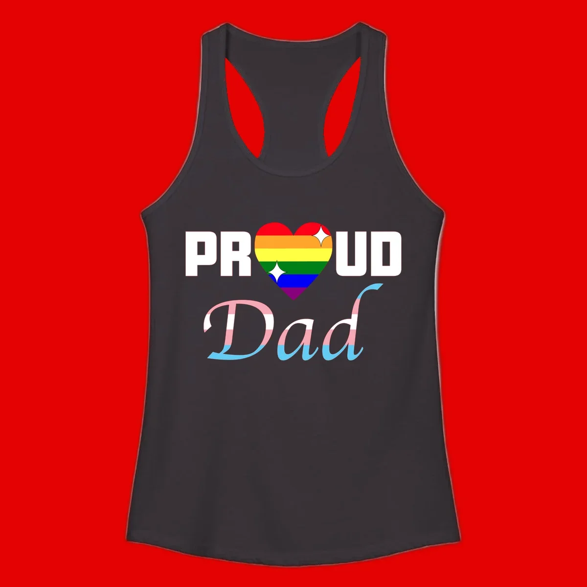 Proud Dad Pride design with rainbow heart and trans flag striped lettering on gray background