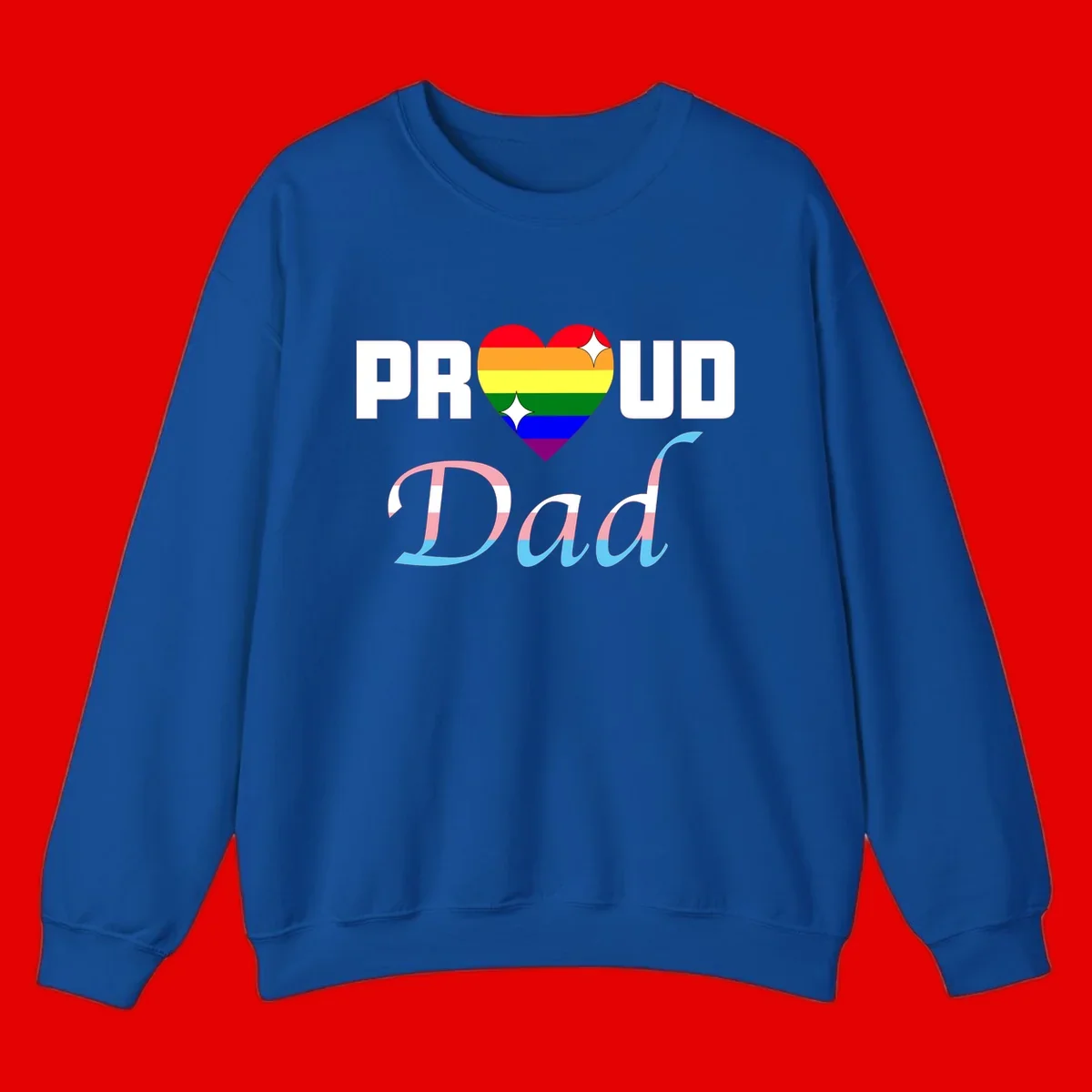 Proud Dad Pride design with rainbow heart and trans flag striped lettering on gray background