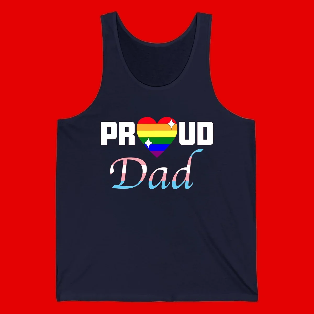 Proud Dad Pride design with rainbow heart and trans flag striped lettering on gray background