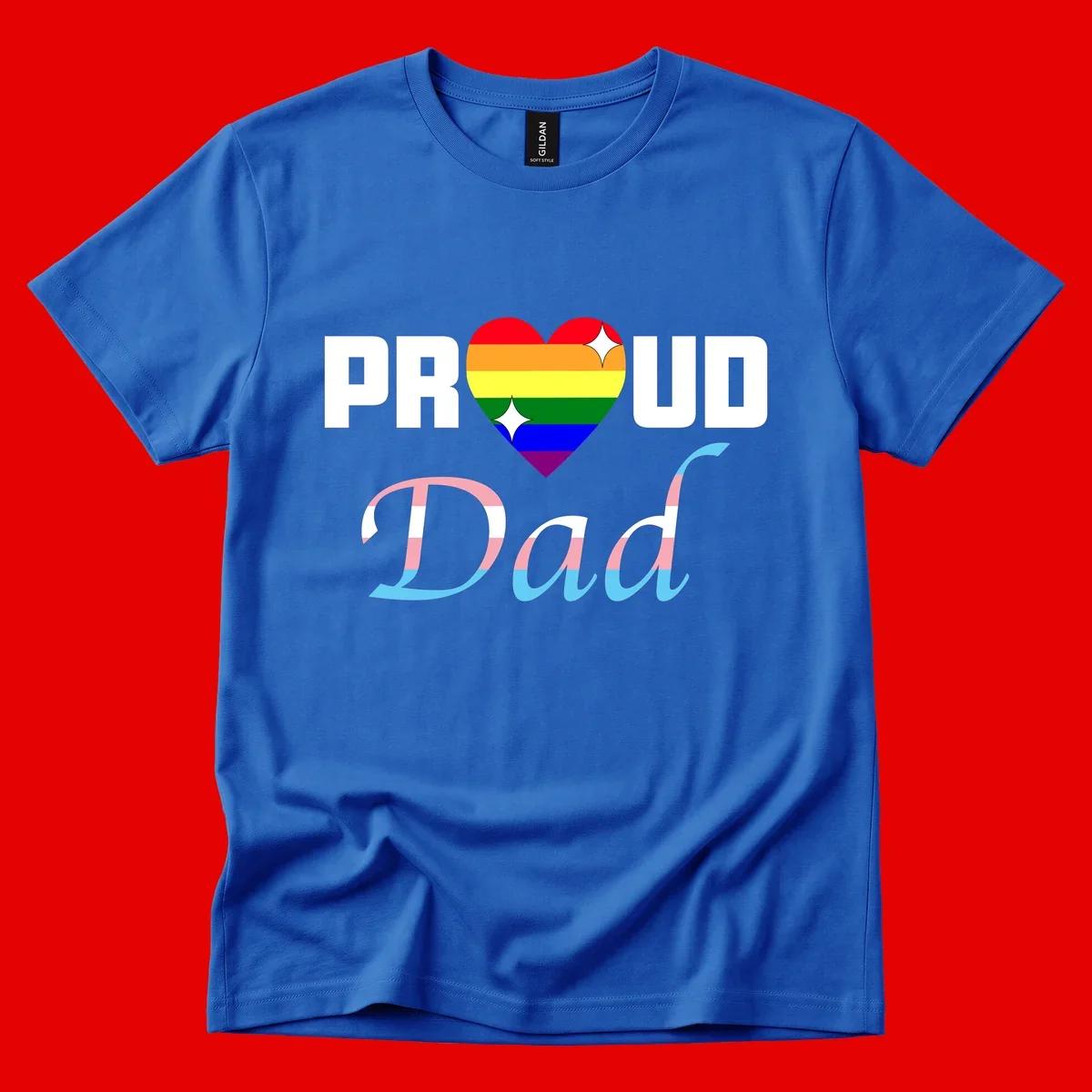 Proud Dad Pride design with rainbow heart and trans flag striped lettering on gray background
