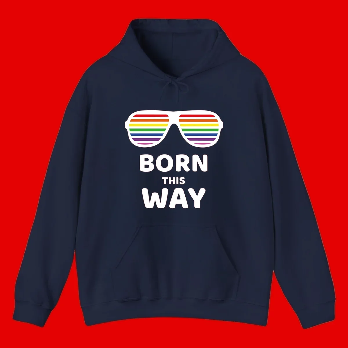 Born This Way Pride design featuring rainbow shutter shade glasses with colorful horizontal stripes and bold text celebrating LGBTQ identity