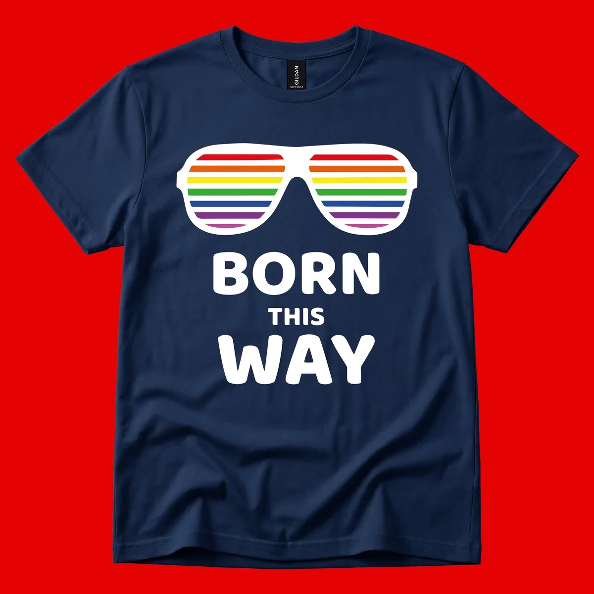Born This Way Pride design featuring rainbow shutter shade glasses with colorful horizontal stripes and bold text celebrating LGBTQ identity