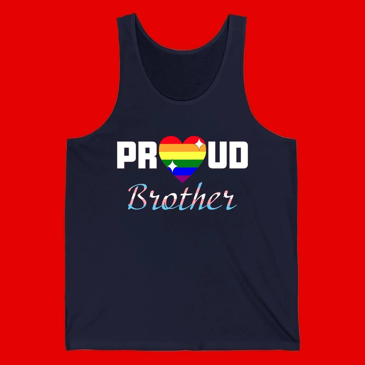 Proud Brother Pride design with rainbow-striped heart and colorful text celebrating LGBTQ+ pride and family support