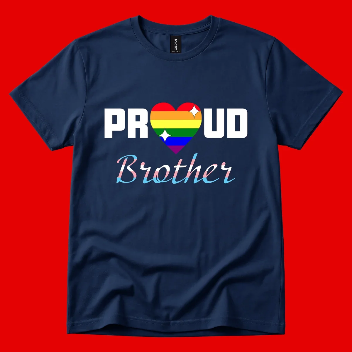 Proud Brother Pride design with rainbow-striped heart and colorful text celebrating LGBTQ+ pride and family support