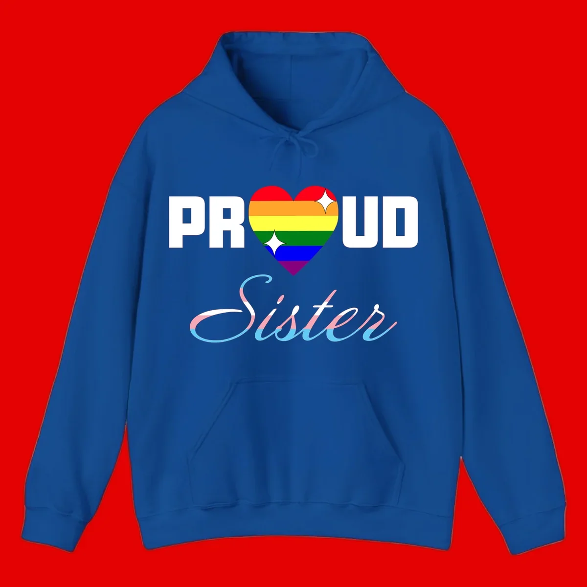 Proud sisters rainbow heart design with pride flag stripes and decorative text celebrating LGBTQ+ sisterhood