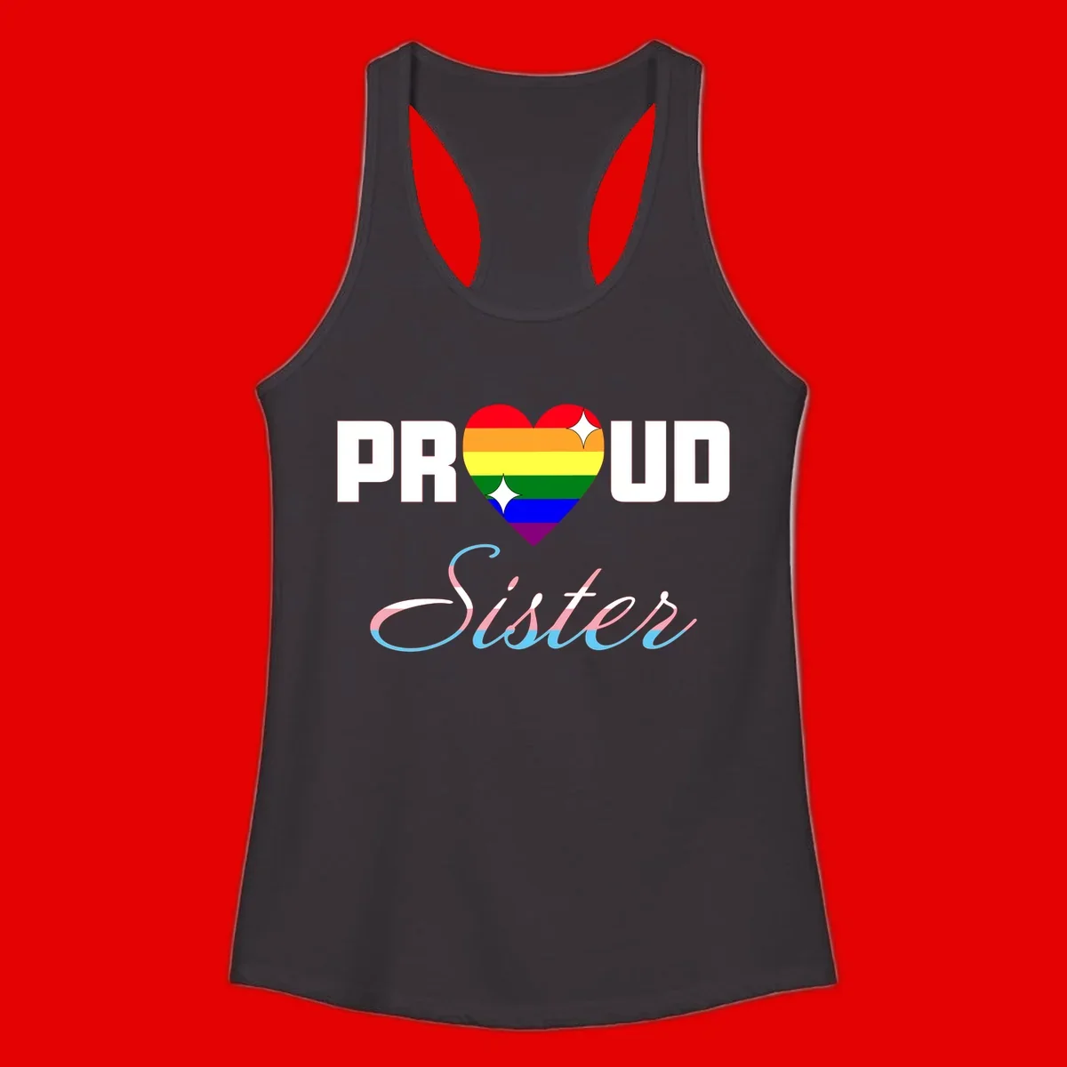 Proud sisters rainbow heart design with pride flag stripes and decorative text celebrating LGBTQ+ sisterhood