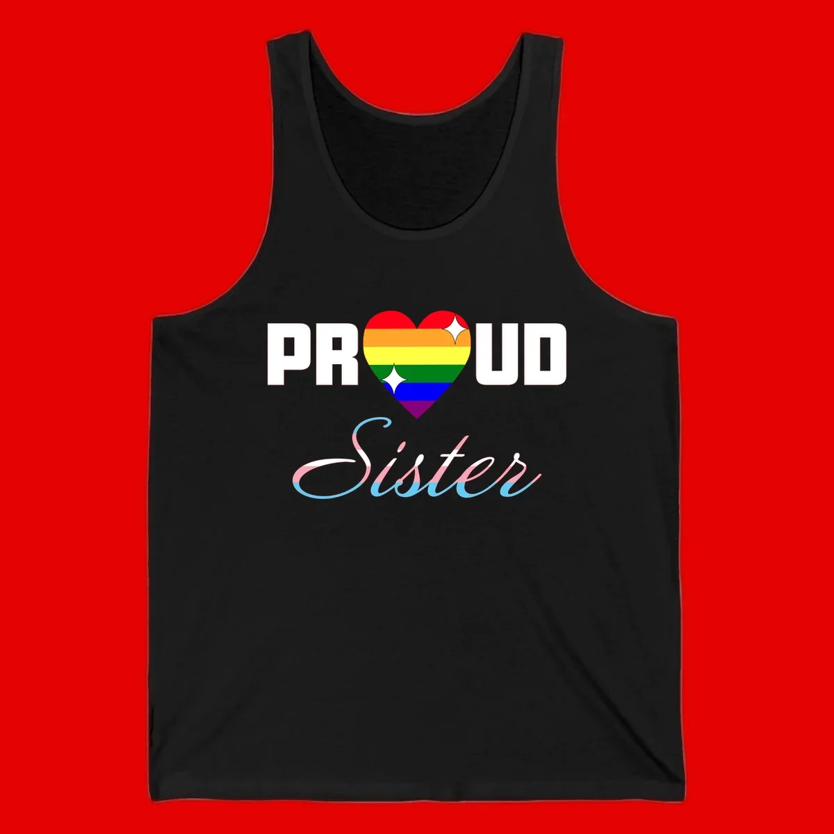 Proud sisters rainbow heart design with pride flag stripes and decorative text celebrating LGBTQ+ sisterhood