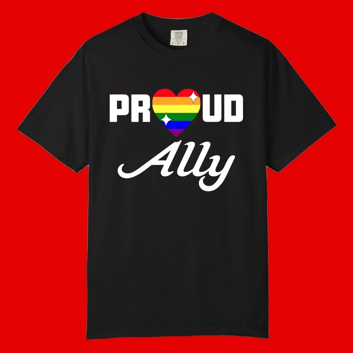 Proud Ally Pride Heart design with rainbow-striped heart and white sparkles between PROUD and Ally text