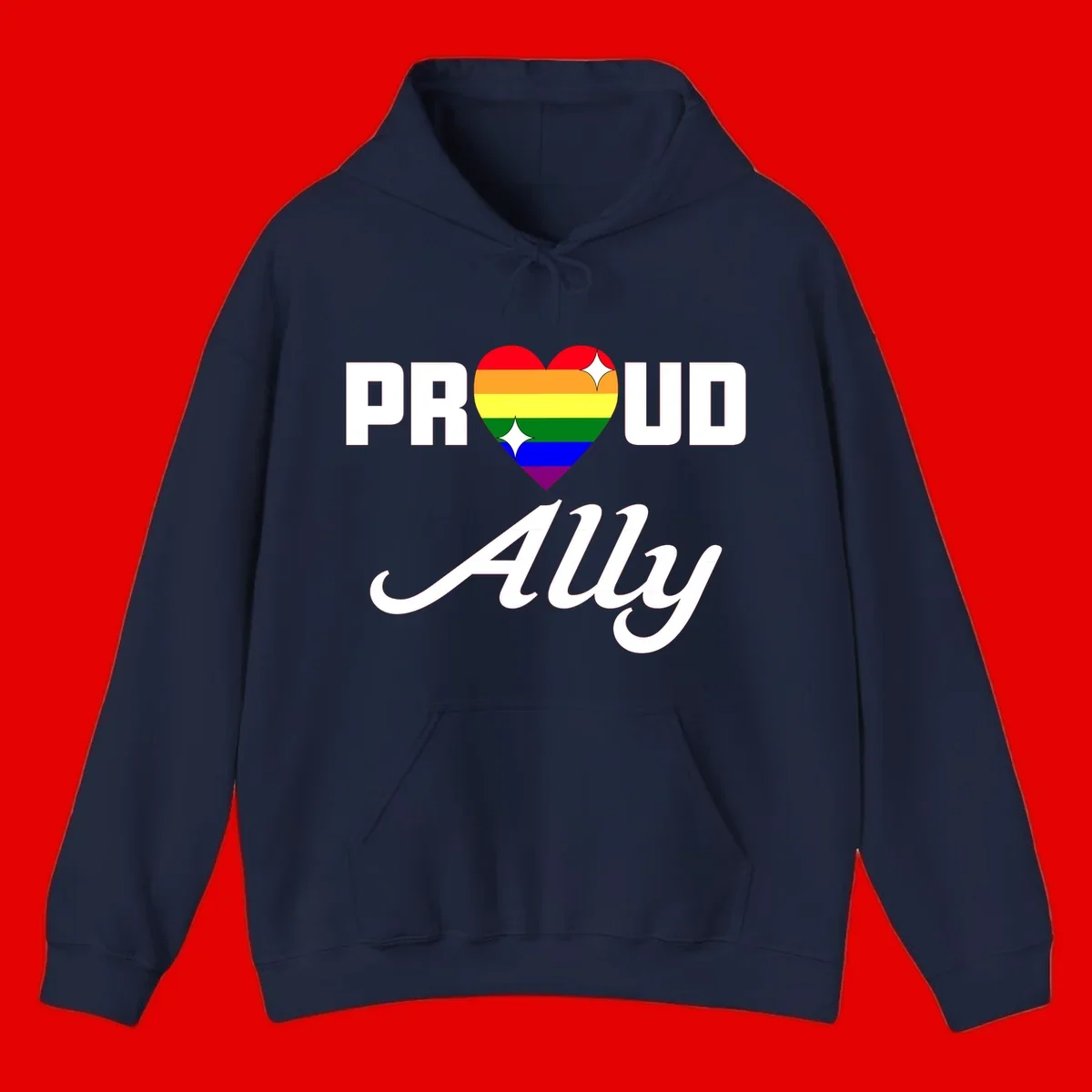 Proud Ally Pride Heart design with rainbow-striped heart and white sparkles between PROUD and Ally text