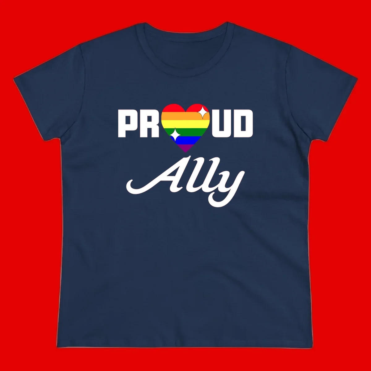 Proud Ally Pride Heart design with rainbow-striped heart and white sparkles between PROUD and Ally text