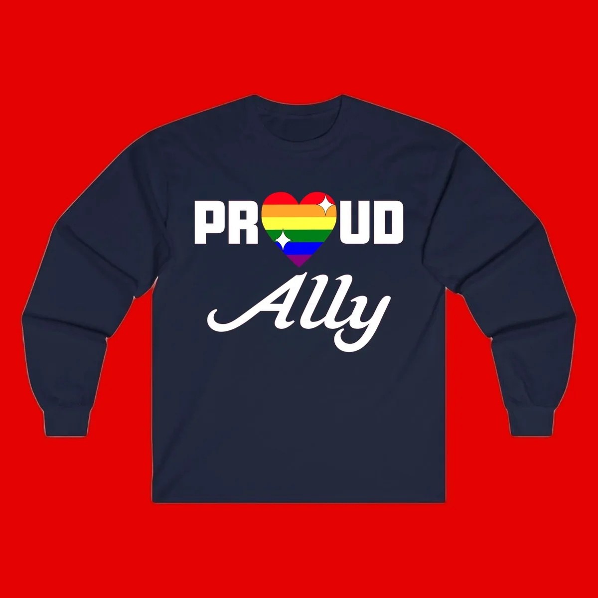 Proud Ally Pride Heart design with rainbow-striped heart and white sparkles between PROUD and Ally text