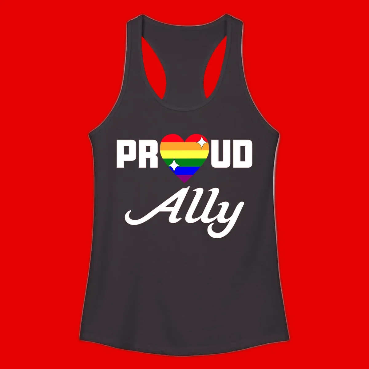Proud Ally Pride Heart design with rainbow-striped heart and white sparkles between PROUD and Ally text