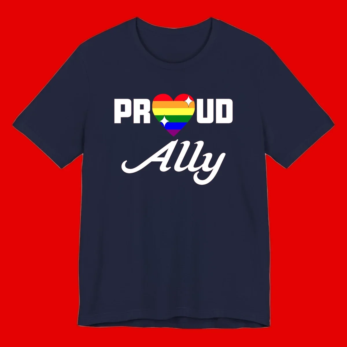 Proud Ally Pride Heart design with rainbow-striped heart and white sparkles between PROUD and Ally text