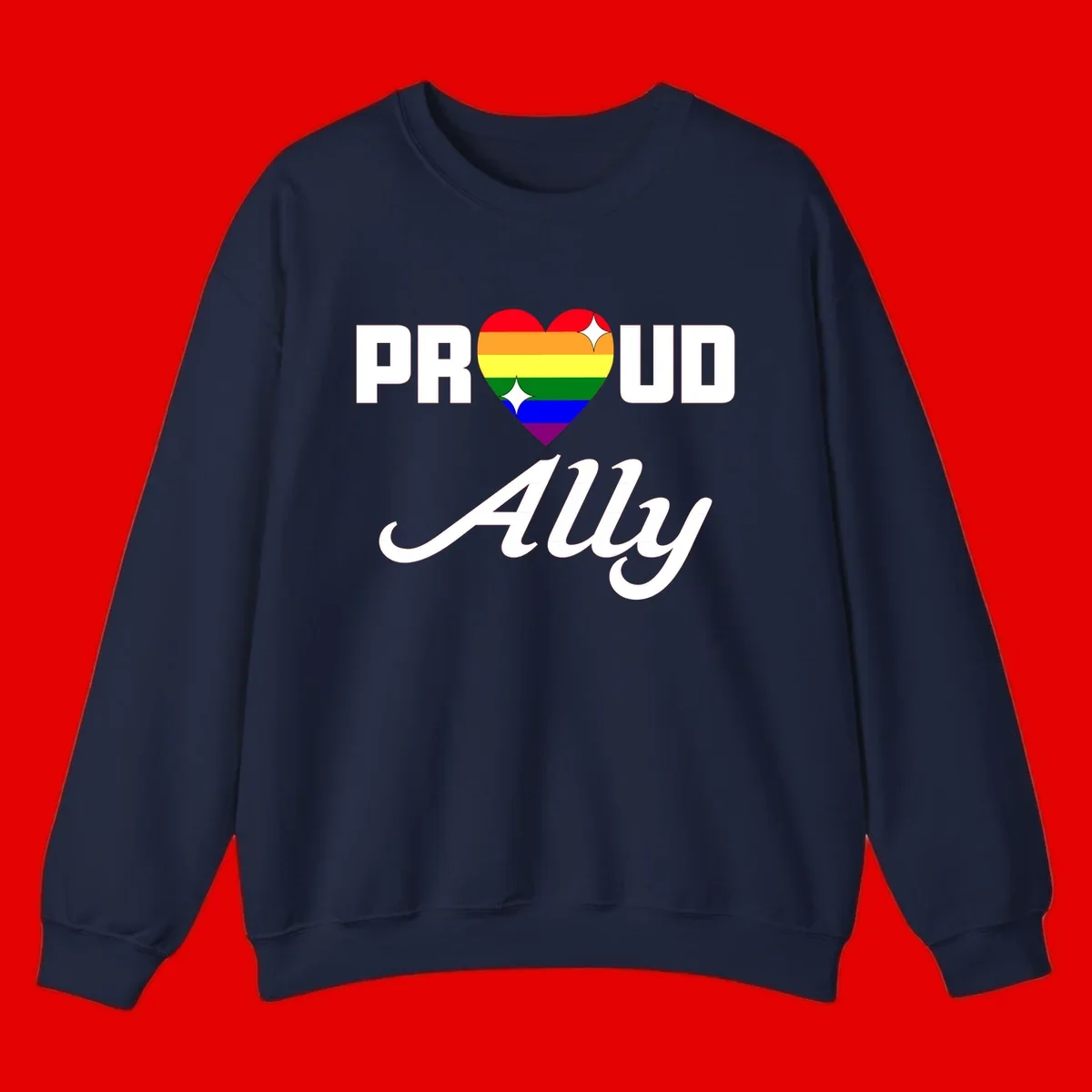 Proud Ally Pride Heart design with rainbow-striped heart and white sparkles between PROUD and Ally text